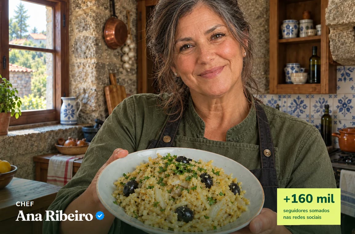 Chef Ana Ribeiro a segurar um prato de bacalhau numa cozinha portuguesa