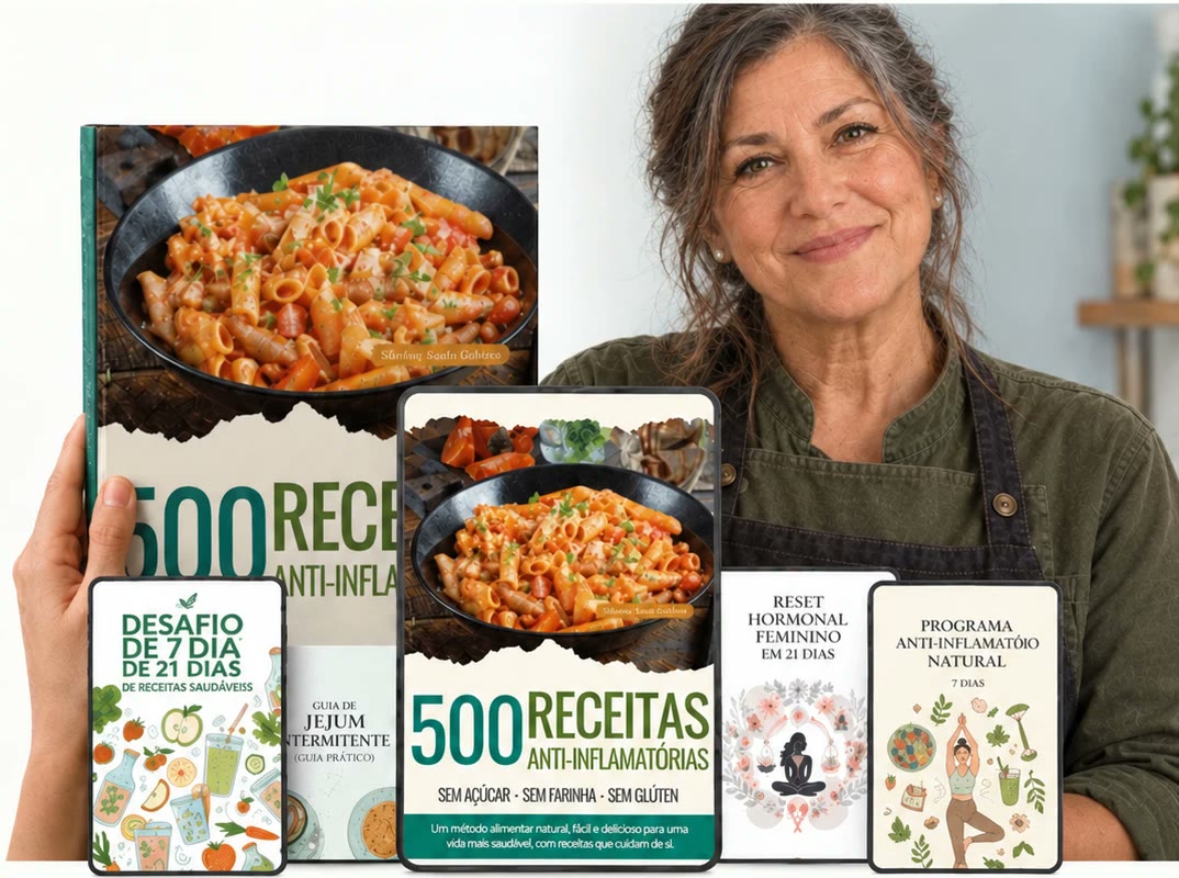 Chef Ana Ribeiro com o livro 500 Receitas Anti-inflamatórias e os 4 bónus em tablet e telemóvel